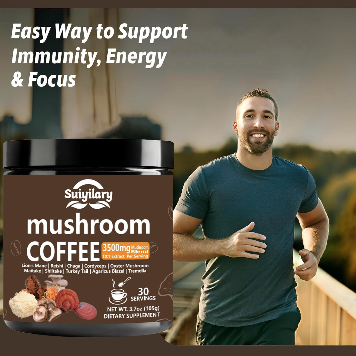 Suiyilary 10 Mushroom Coffee with Arabica w, Lion's Mane, Reishi, Mushroom Polysaccharides & More, Instant Mushrooms Powder for Focus, Immunity Boost, Suiyilary