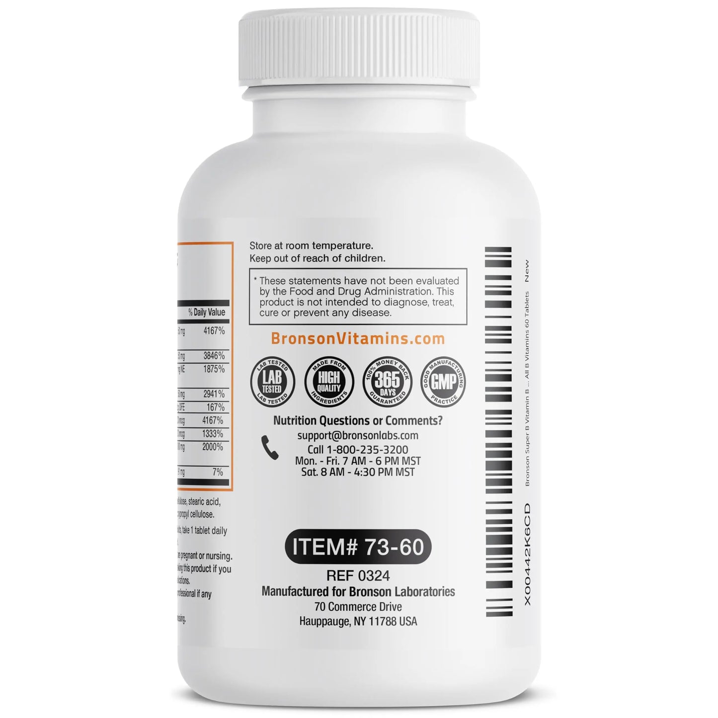 Bronson Super B Vitamin B Complex Sustained Slow Release (Vitamin B1, B2, B3, B6, B9 - Folic Acid, B12) Contains All B Vitamins 60 Tablets Bronson