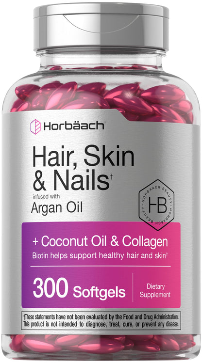 Horbäach Hair Skin and Nails Vitamins | 300 Softgels | with Biotin and Collagen | Infused with Argan Oil and Coconut Oil Horbäach