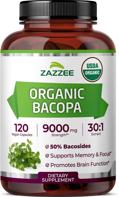 Zazzee USDA Organic Bacopa 30:1 Extract, 50% Bacosides, 120 Vegan Capsules | 4 Month Supply, Bacopa Monnieri, Cognitive, Brain & Memory Support, Non-GMO, Organic Herbal Supplement, Made in the USA Gsupps Australia