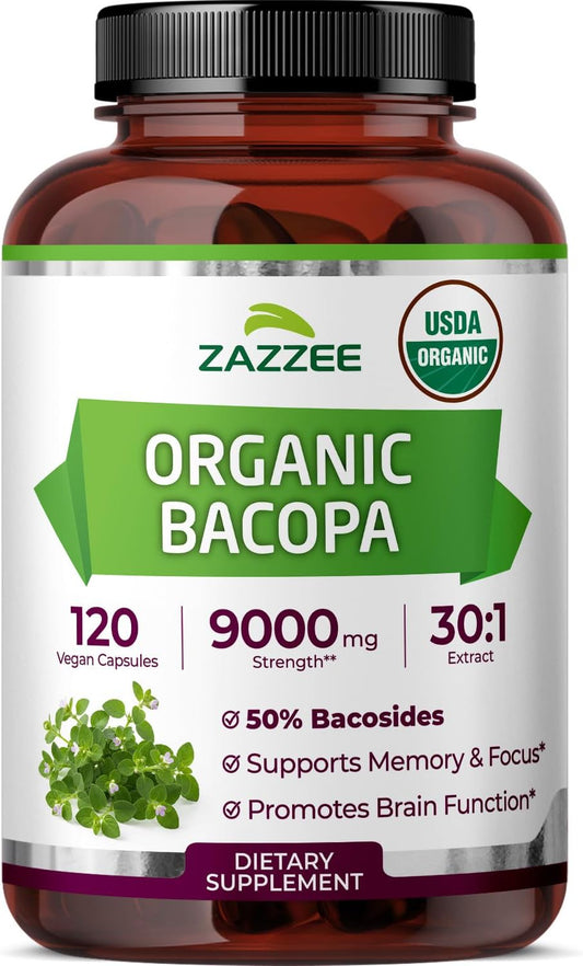 Zazzee USDA Organic Bacopa 30:1 Extract, 50% Bacosides, 120 Vegan Capsules | 4 Month Supply, Bacopa Monnieri, Cognitive, Brain & Memory Support, Non-GMO, Organic Herbal Supplement, Made in the USA Gsupps Australia
