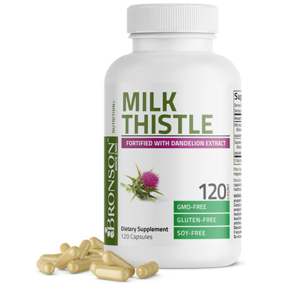 Bronson Milk Thistle Silymarin Marianum & Dandelion Extract Liver Health Support, Antioxidant Support, Detox, 120 Capsules Bronson