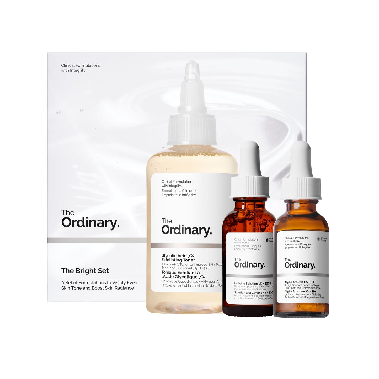 The Ordinary The Bright Set, 3-Step Regimen for Radiant, Even Skin Tone with Glycolic Acid 7% Exfoliating Toner The Ordinary