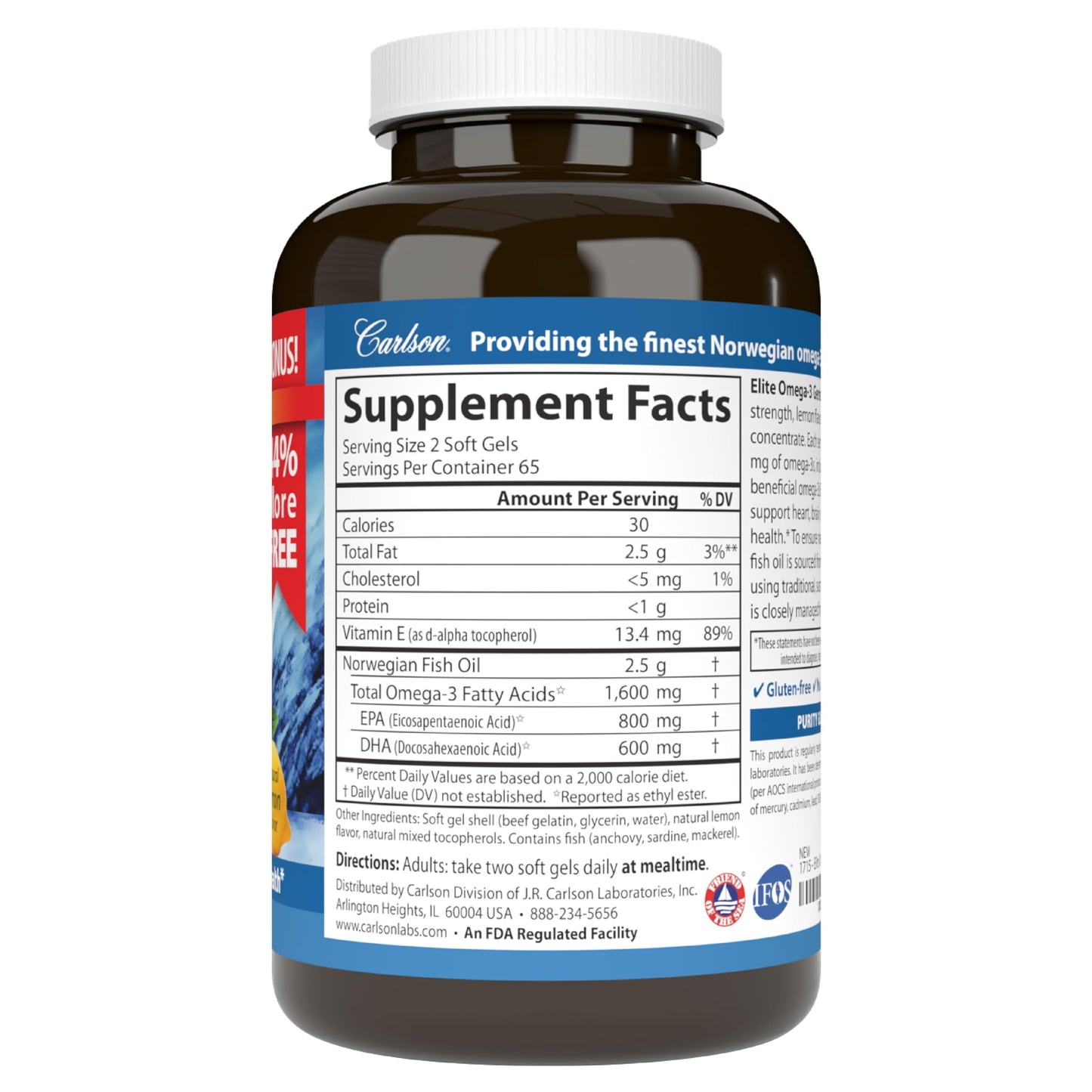 Carlson - Elite Omega-3 Gems, 1600 mg Omega-3 Fatty Acids Including EPA and DHA, Norwegian, Wild-Caught Fish Oil Supplement, Sustainably Sourced Omega Carlson