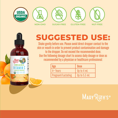 MARYRUTH'S Organic Vitamin C Supplement | Liquid Vitamin C Liquid Drops for Adults & Kids | Immune Support Supplement for Overall Health MARYRUTH'S