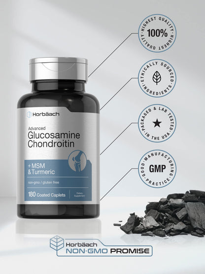 Horbäach Glucosamine Chondroitin | Plus MSM & Turmeric | 180 Coated Caplets | Non-GMO, Gluten Free Supplement Horbäach