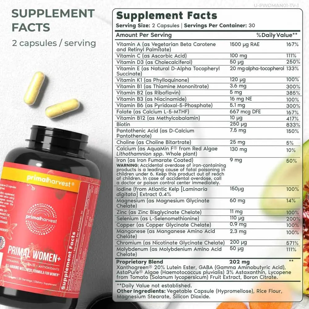 Primal Harvest Women+, Woman's Multivitamin Vitamin A, Vitamin C, Vitamin D and E, Vitamin B12, B6, Biotin, Zinc Supplements,1 Pack 60 Capsules Primal Harvest buy australia supplements