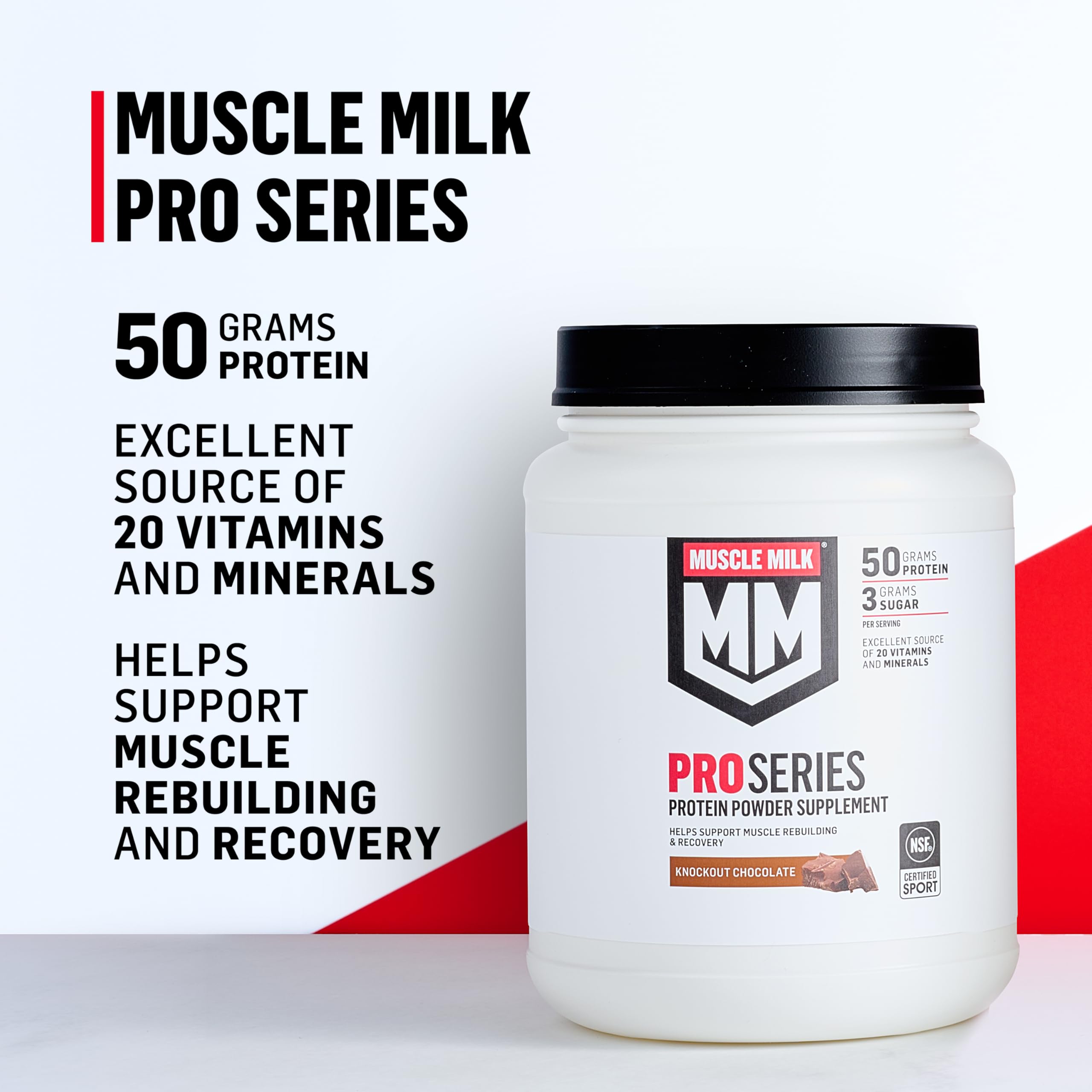 Muscle Milk Pro Series Protein Powder Supplement, Slammin' Strawberry, 2 Pound, 11 Servings, 50g Protein, 3g Sugar, 20 Vitamins & Minerals, NSF Certified for Sport, Packaging May Vary