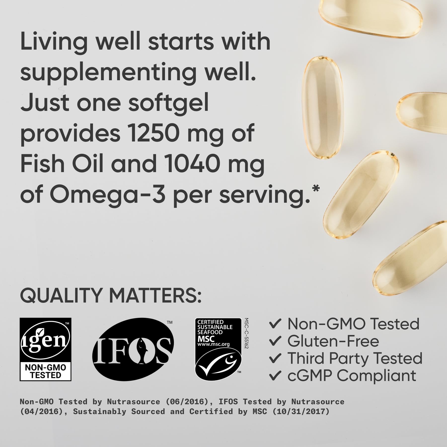 Sports Research® Omega-3 Fish Oil 1250mg from Wild Alaska Pollock, 90 Count | Always Fresh Never Fishy | 690mg EPA 260mg DHA per Softgel · Heart & Brain Health* · MSC Certified Sustainable - 90 Servings Gsupps Australia