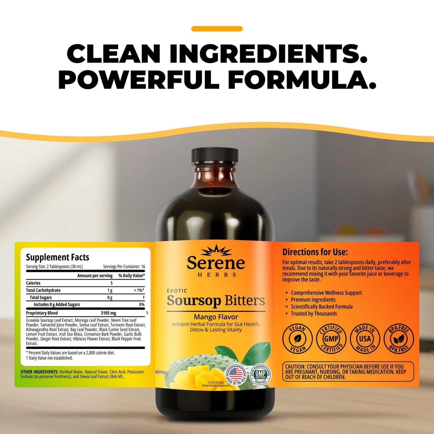 Serene Herbs Soursop Bitters Liquid with Soursop Leaves for Gut Cleanse, Detox & Immune Boost with Black Seed, Moringa, Irish Moss, Ashwaganda, Turmeric, 16 fl oz (16 Fl, Soursop)