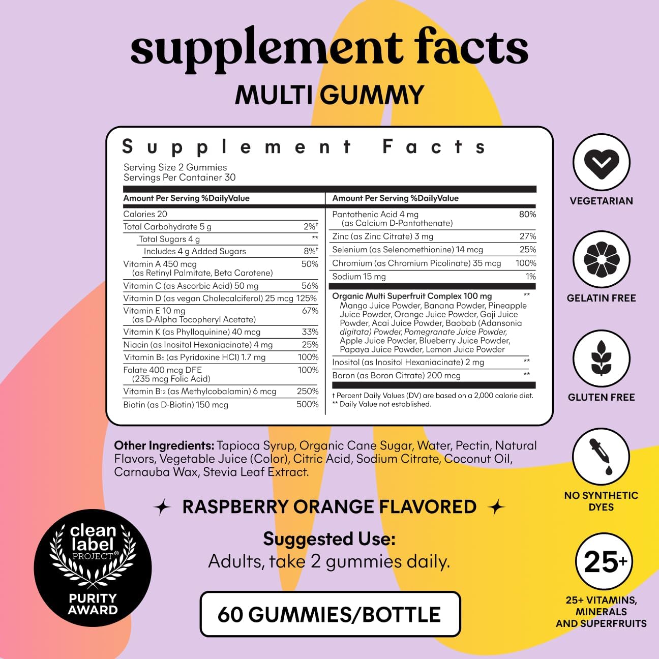 Lemme Women's Multivitamin Gummies, Daily Nutritional Support with Vitamins A, C, D, E, Biotin, Folic Acid, Zinc & Inositol, Bone, Brain, Skin & Immune Health, Raspberry Orange, 30-Day Supply