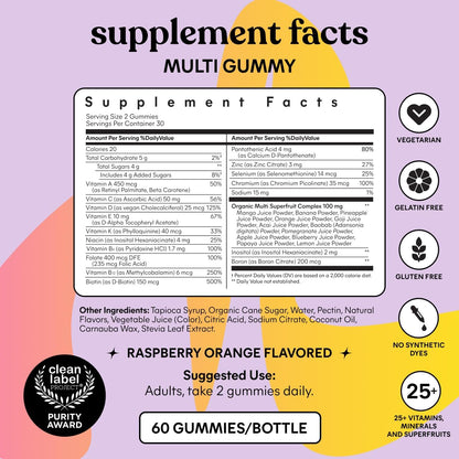 Lemme Women's Multivitamin Gummies, Daily Nutritional Support with Vitamins A, C, D, E, Biotin, Folic Acid, Zinc & Inositol, Bone, Brain, Skin & Immune Health, Raspberry Orange, 30-Day Supply