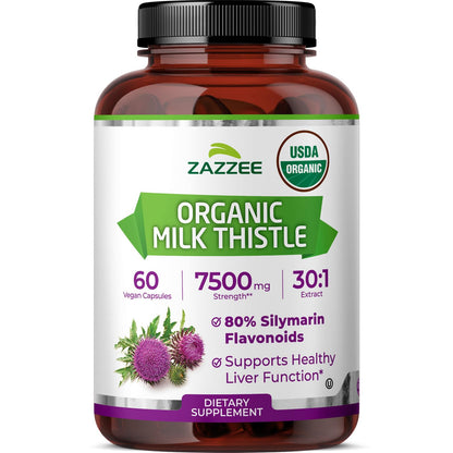 Zazzee USDA Organic Milk Thistle 30:1 Extract, 80% Silymarin, 120 Capsules | Vegan, 4 Month Supply, Certified Kosher, High Potency Liver & Antioxidant Support, Silybum Marianum, Non-GMO, Made in the USA Gsupps Australia