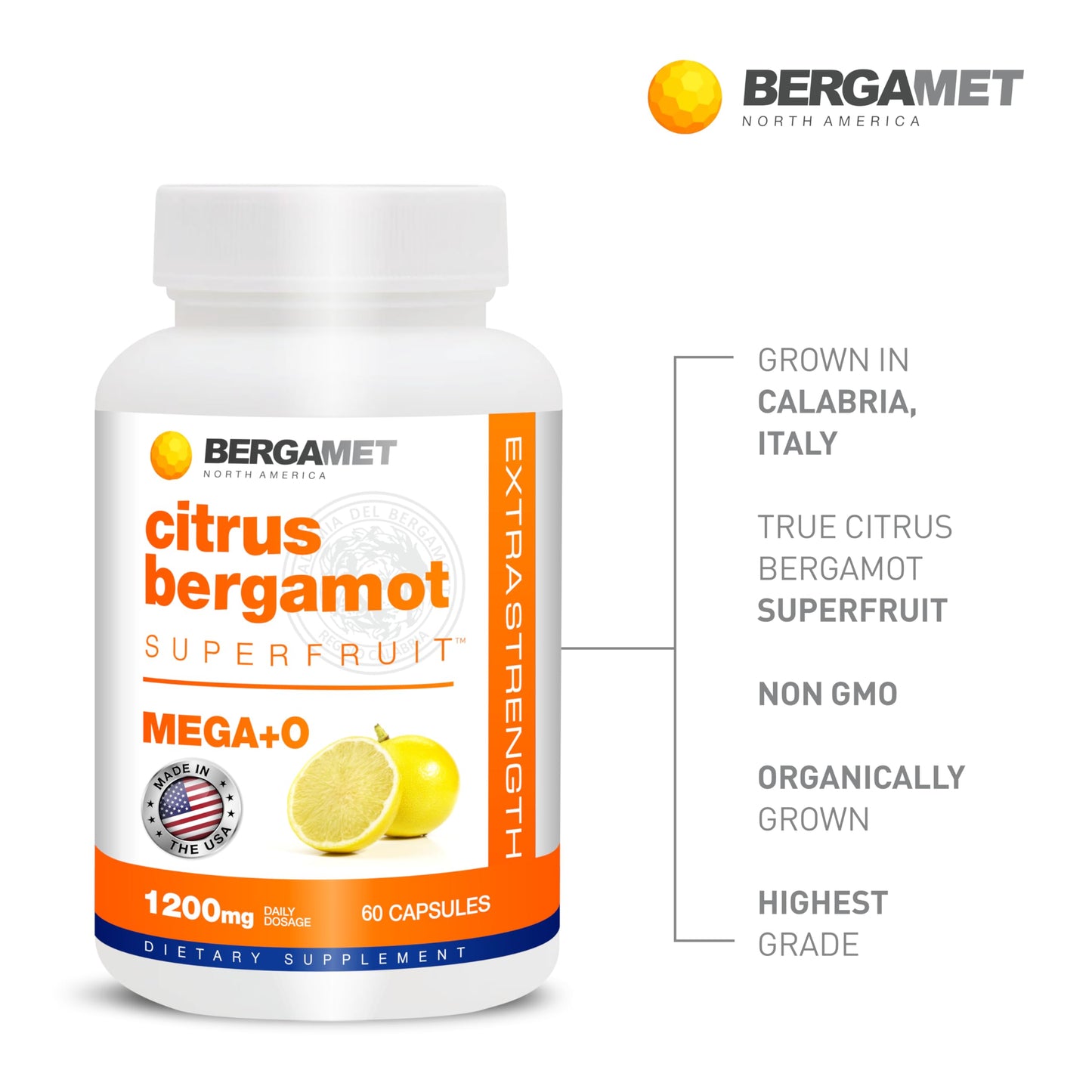 BergaMet Citrus Bergamot Supplement, 170:1 Extract, 1200mg per Serving, 80% Polyphenols, Italian Citrus Bergamot Supplement, BergaMet
