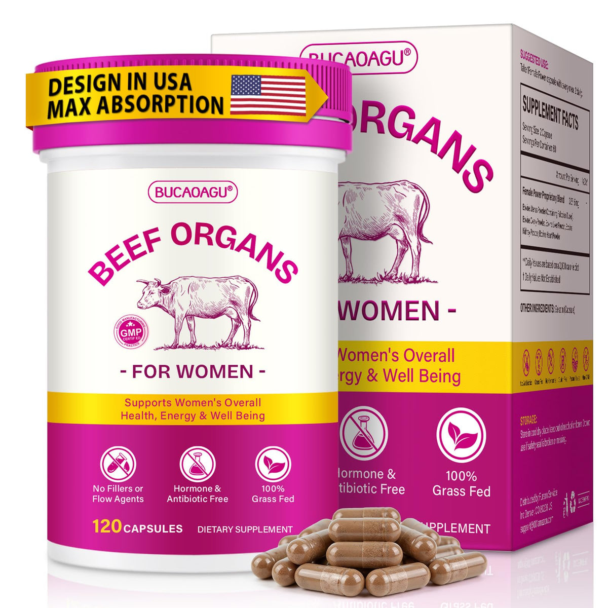 Beef Organ Supplement for Women - Grass-Fed Beef Liver, Kidney, Heart, Uterus, Ovary - Supports Female Energy & Hormone Balance - Pasture Raised in New Zealand BUCAOAGU