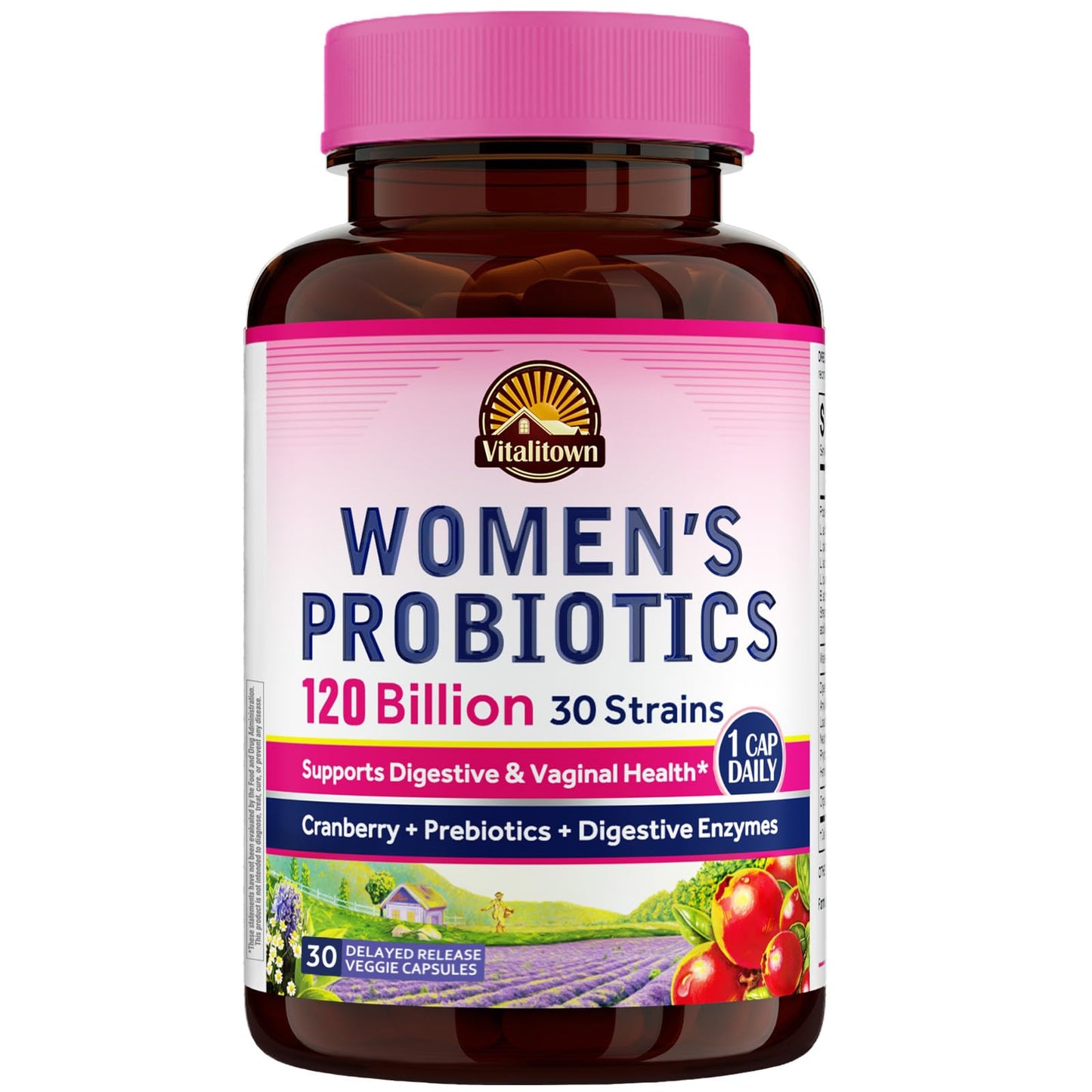 Vitalitown Probiotics for Women 120 Billion CFUs, 30 Strains, with Prebiotics & Digestive Enzymes & Cranberry, Gut & Vaginal Health, Vegan 30 Vitalitown