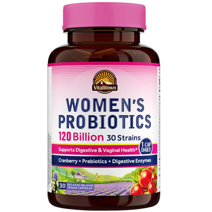 Vitalitown Probiotics for Women 120 Billion CFUs, 30 Strains, with Prebiotics & Digestive Enzymes & Cranberry, Gut & Vaginal Health, Vegan 30 Vitalitown
