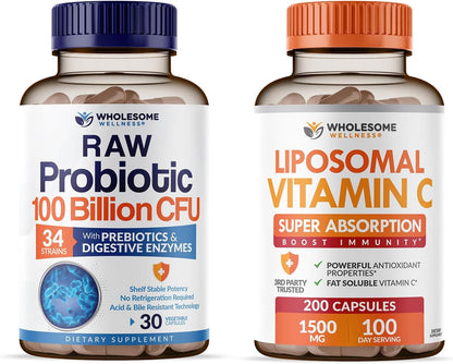 Wholesome Wellness Organic Probiotics 100 Billion CFU, Dr Formulated for Women and Men + Liposomal Vitamin C Capsules (200 Pills 1500mg Buffered) High Absorption VIT C Bundle Gsupps Australia