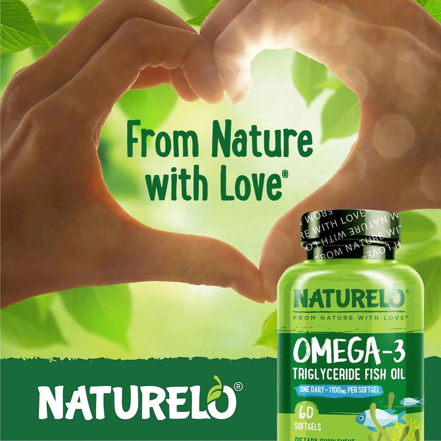NATURELO Burpless Omega 3 Fish Oil Supplement - 1100mg Triglyceride Omega-3, EPA + DHA, Liquid Fish Oil for Heart, Eye, Brain, Joint Health NATURELO