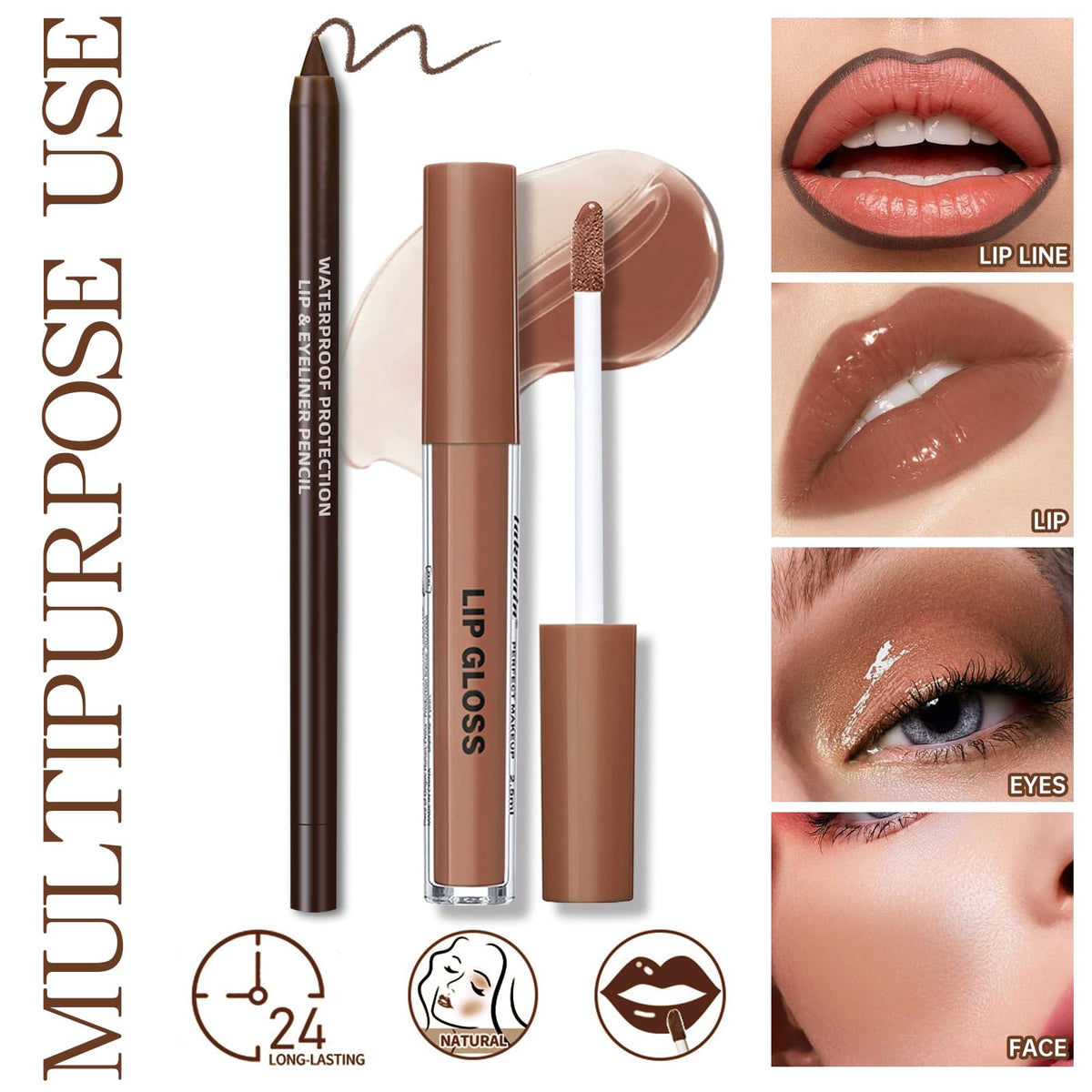 HOSAILY Natural Nude Lip Combo, Nourishing Lip Gloss&Brown Lip Liner Kit HOSAILY