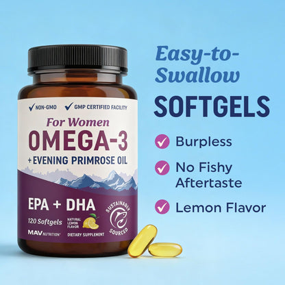 Fish Oil Omega 3 Supplements for Women | DHA + EPA | Heart Health, Hormone Balance, Skin & Wellness Support | 600MG Omega3 + 800MG Evening Primrose Oil MAV NUTRITION