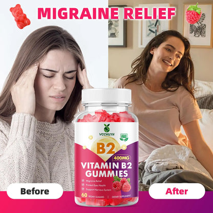 VCCHUYH Vitamin B2 Gummies for Kids & Adults, VIT B2 Riboflavin 400mg Supplement with Magnesium for Migraine Relief & Nervous System Support, Non-GMO, VCCHUYH
