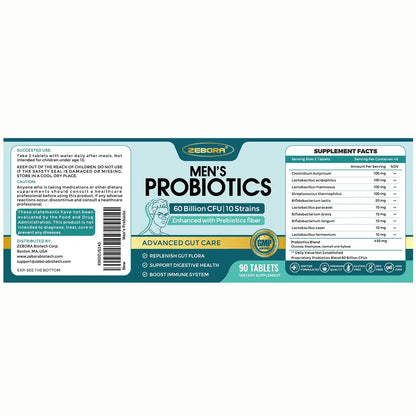 ZEBORA Probiotics for Men and Prebiotics for Digestive Health, 90 Tablets, 60 Billion CFUs for Immune and Gut Health, 10 Strains, Hypoallergenic Probiotics, ZEBORA