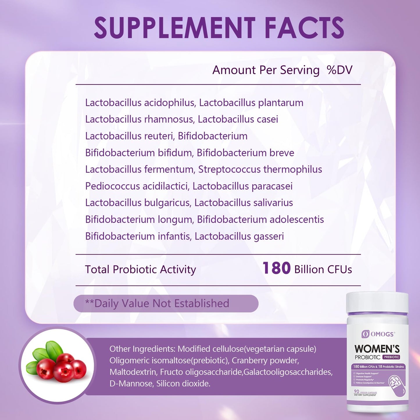 OMOGS Women's Probiotic 180 Billion CFUs 18 Strains, with Organic Prebiotics, Cranberry Extract, D-Mannose & Digestive Enzymes, for Digestive, Boost Immune, OMOGS