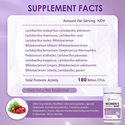 OMOGS Women's Probiotic 180 Billion CFUs 18 Strains, with Organic Prebiotics, Cranberry Extract, D-Mannose & Digestive Enzymes, for Digestive, Boost Immune, OMOGS