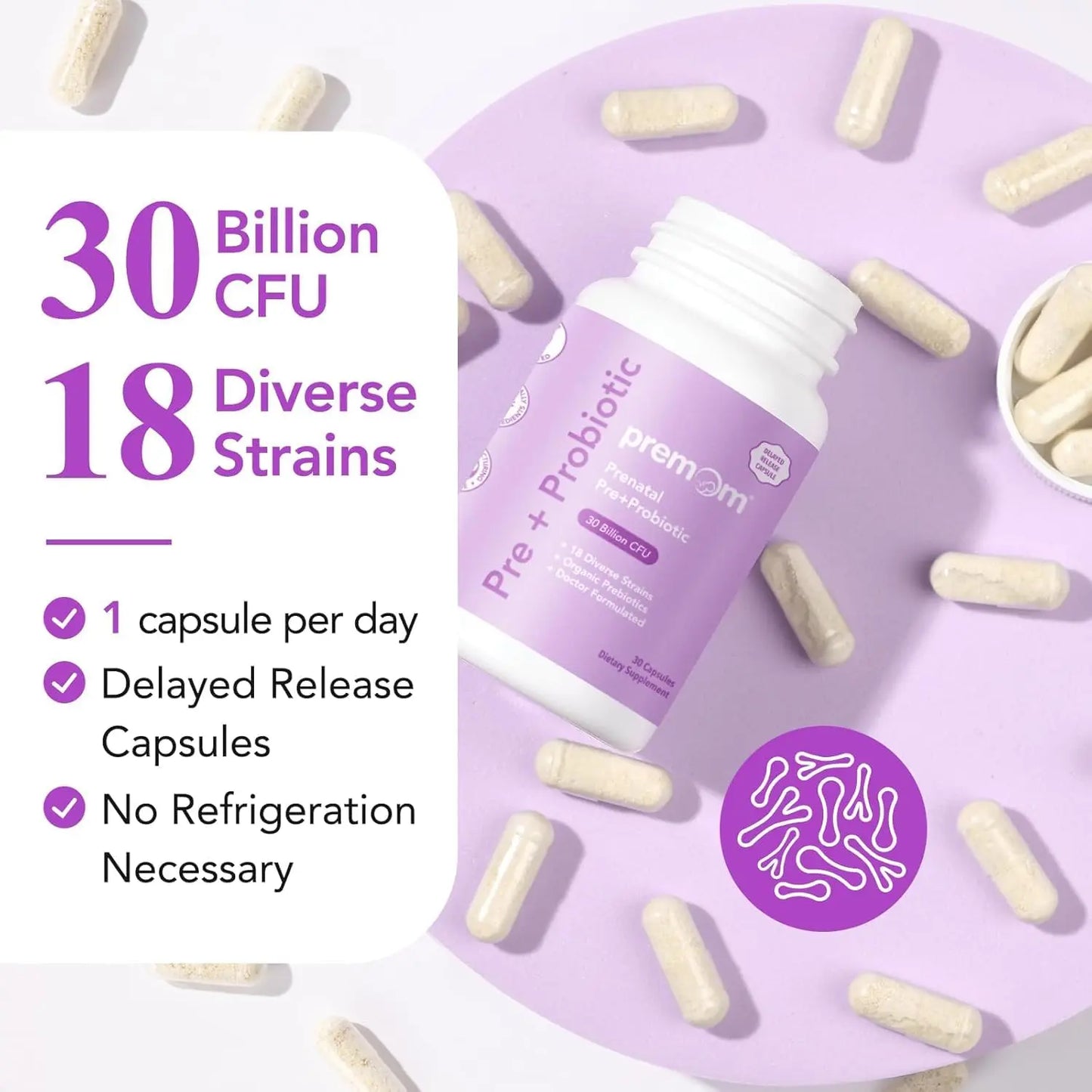 Premom Prenatal Prebiotics & Probiotics for Women, 30 Billion CFU, 18 Strains, Organic Prebiotic & Womens Probiotic, Vaginal, Gut, & Digestive Health + Immune Support Supplement Premom