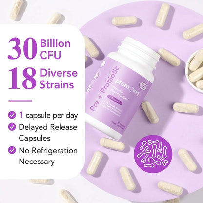 Premom Prenatal Prebiotics & Probiotics for Women, 30 Billion CFU, 18 Strains, Organic Prebiotic & Womens Probiotic, Vaginal, Gut, & Digestive Health + Immune Support Supplement Premom