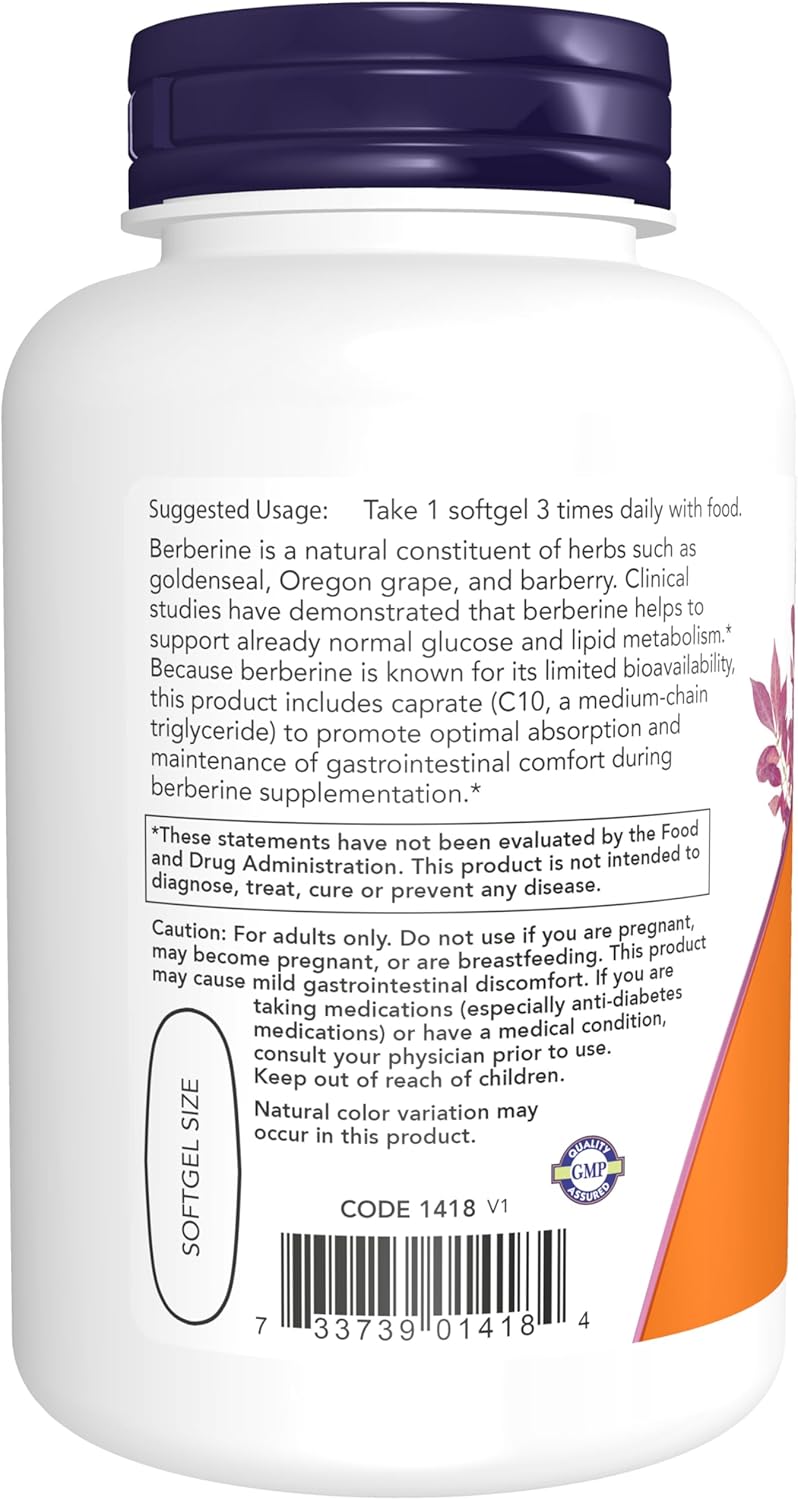 NOW Foods Supplements, Berberine Glucose Support, Combined with MCT Oil for Optimal Berberine Absorption, 90 Softgels Gsupps Australia