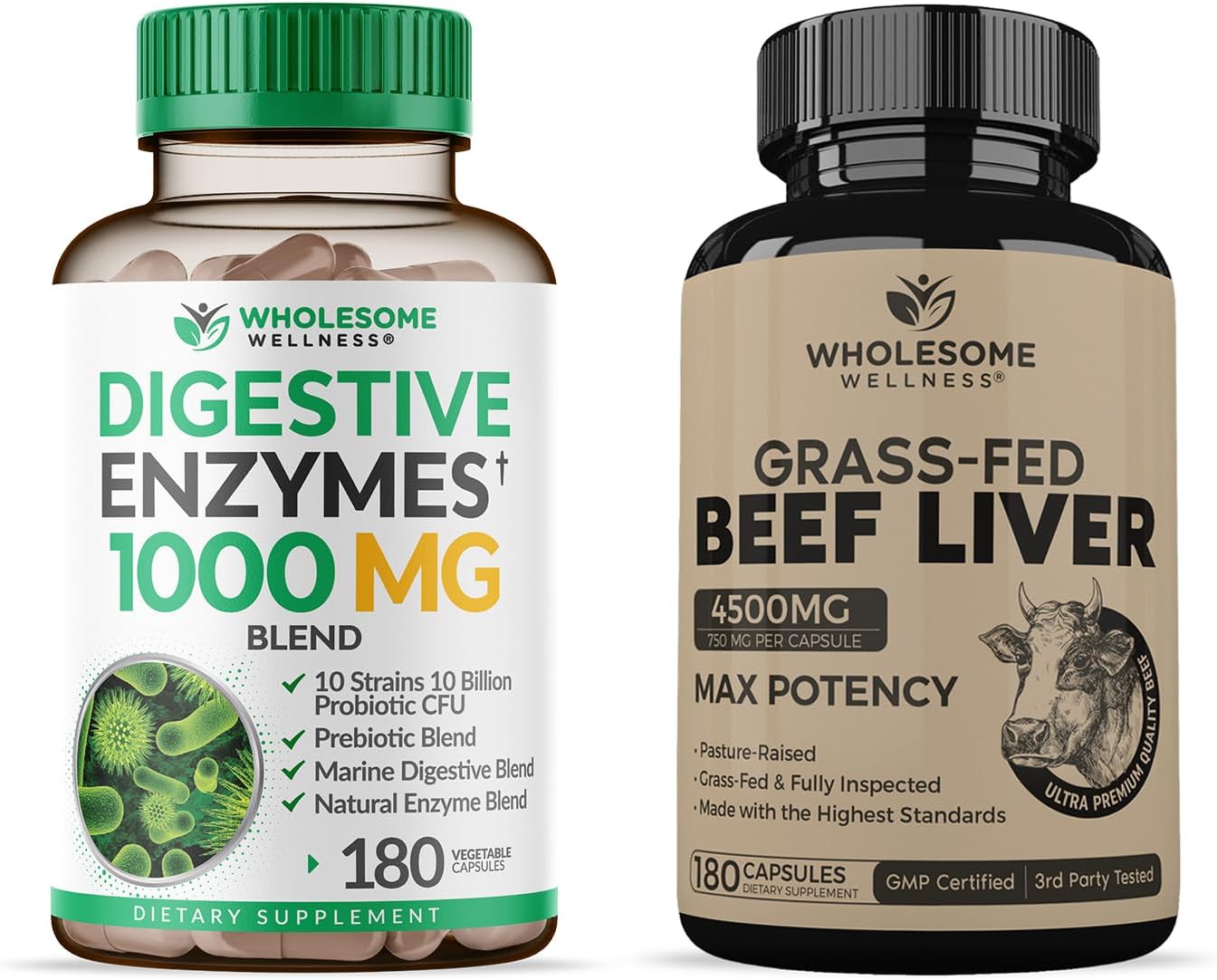 Wholesome Wellness Digestive Enzymes 1000MG Plus Prebiotics & Probiotics + Grass Fed Desiccated Beef Liver Capsules Bundle Gsupps Australia