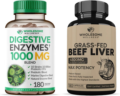Wholesome Wellness Digestive Enzymes 1000MG Plus Prebiotics & Probiotics + Grass Fed Desiccated Beef Liver Capsules Bundle Gsupps Australia