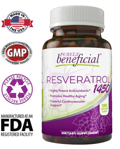 PURELY beneficial RESVERATROL1450-90day Supply, 1450mg per Serving of Potent Antioxidants & Trans-Resveratrol, Promotes Anti-Aging PURELY beneficial