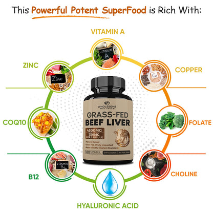 Wholesome Wellness Grass Fed Desiccated Beef Liver Capsules (180 Pills, 750mg Each) - Natural Iron, Vitamin A, B12 for Energy - Raised Undefatted in New Zealand Wholesome Wellness