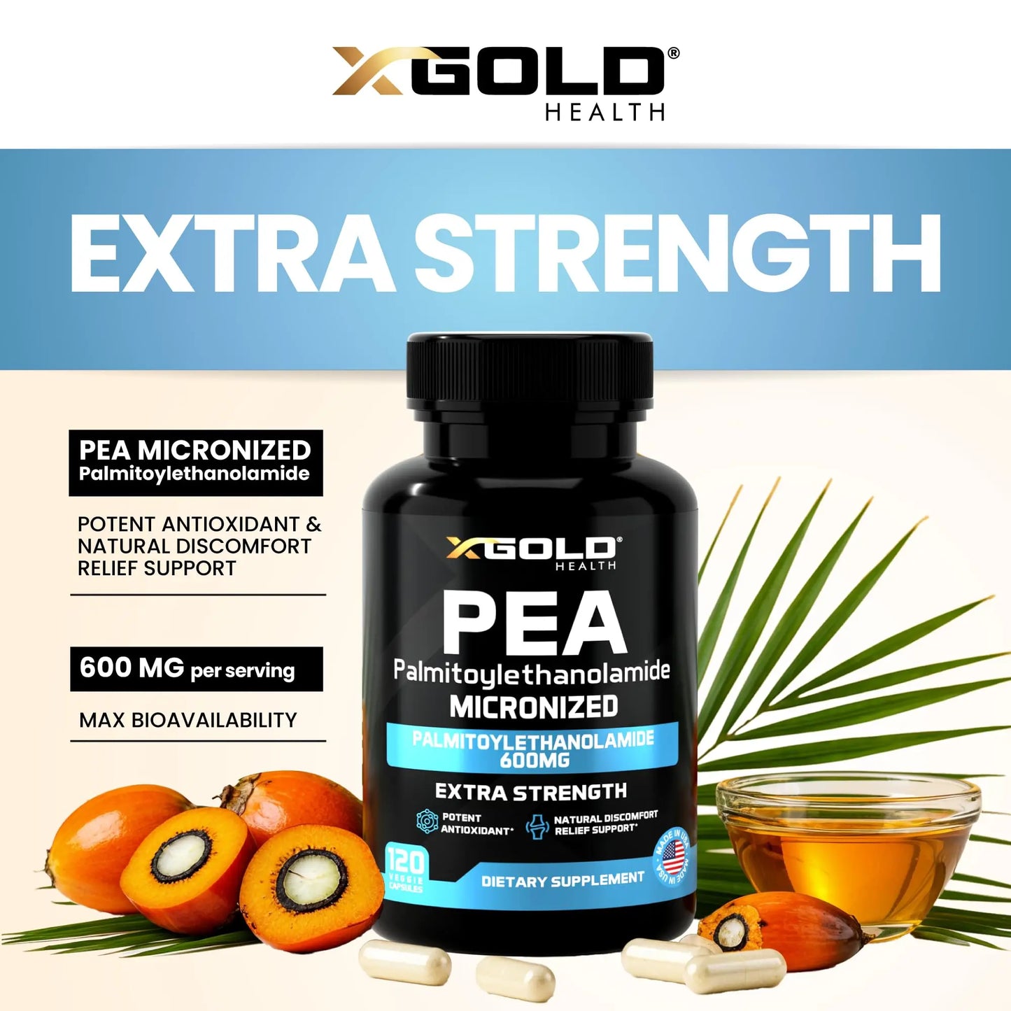 Palmitoylethanolamide Pea Supplement 600 mg | Micronized Pea 99% Highly Purified and Bioavailable | Made in USA | Supplement for Men and Women - 120 Capsules X Gold Health