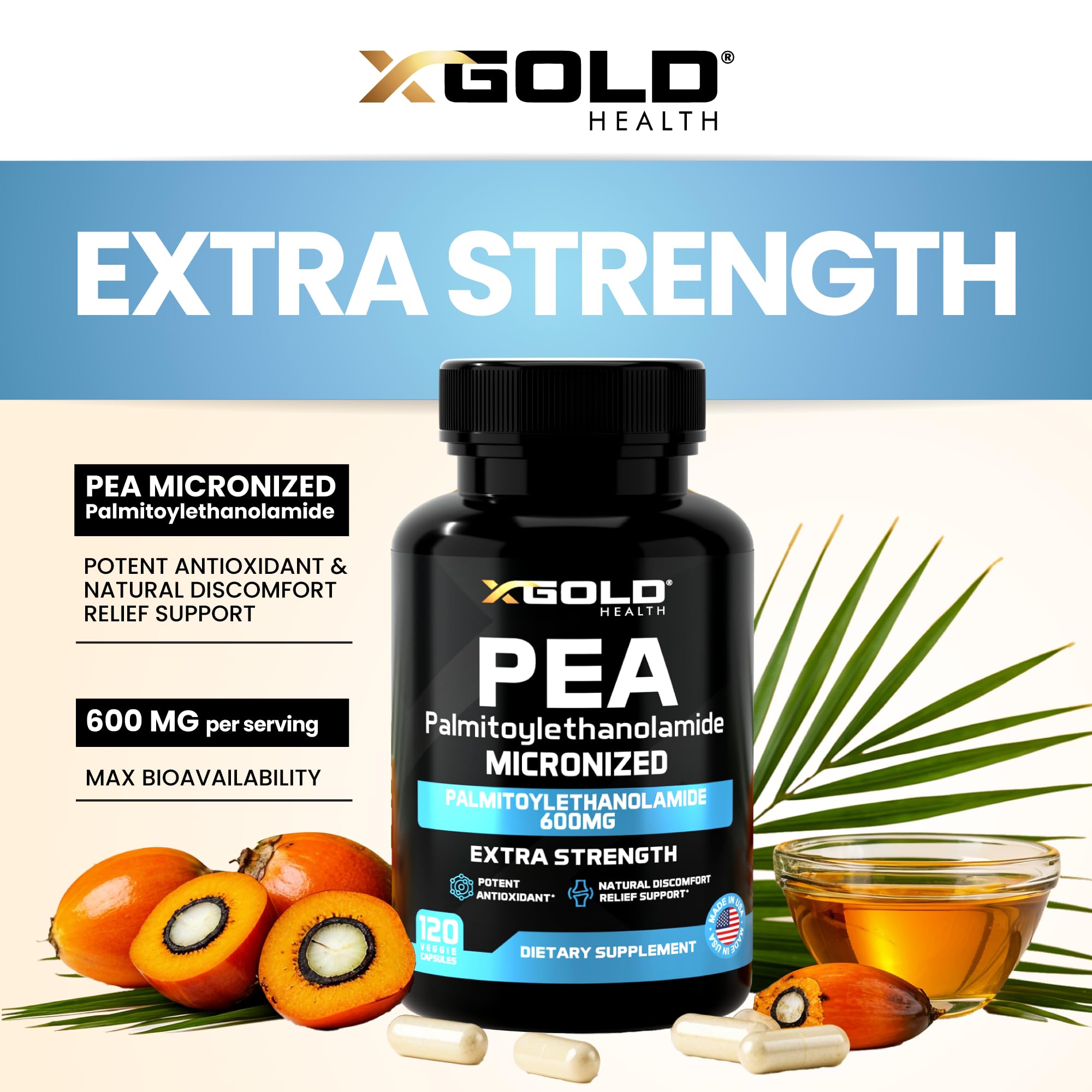 Palmitoylethanolamide Pea Supplement 600 mg | Micronized Pea 99% Highly Purified and Bioavailable | Made in USA | Supplement for Men and Women - 120 Capsules X Gold Health buy australia supplements