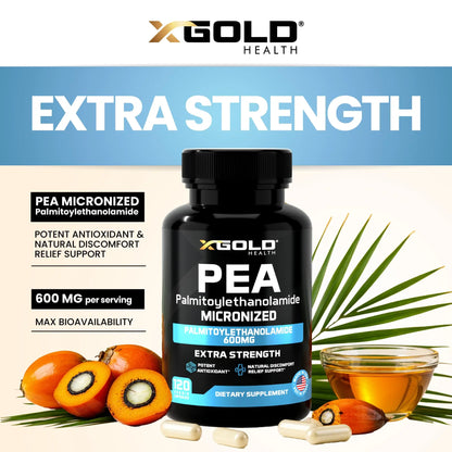 Palmitoylethanolamide Pea Supplement 600 mg | Micronized Pea 99% Highly Purified and Bioavailable | Made in USA | Supplement for Men and Women - 120 Capsules X Gold Health