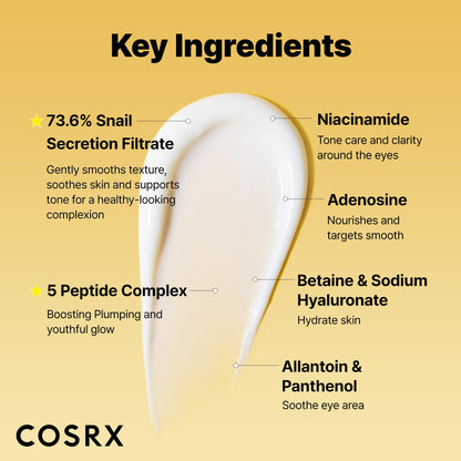 COSRX Snail Mucin Peptide Under Eye Cream, 0.84 fl oz, 73.7% Snail Mucin and Niacinamide, Eye Care COSRX