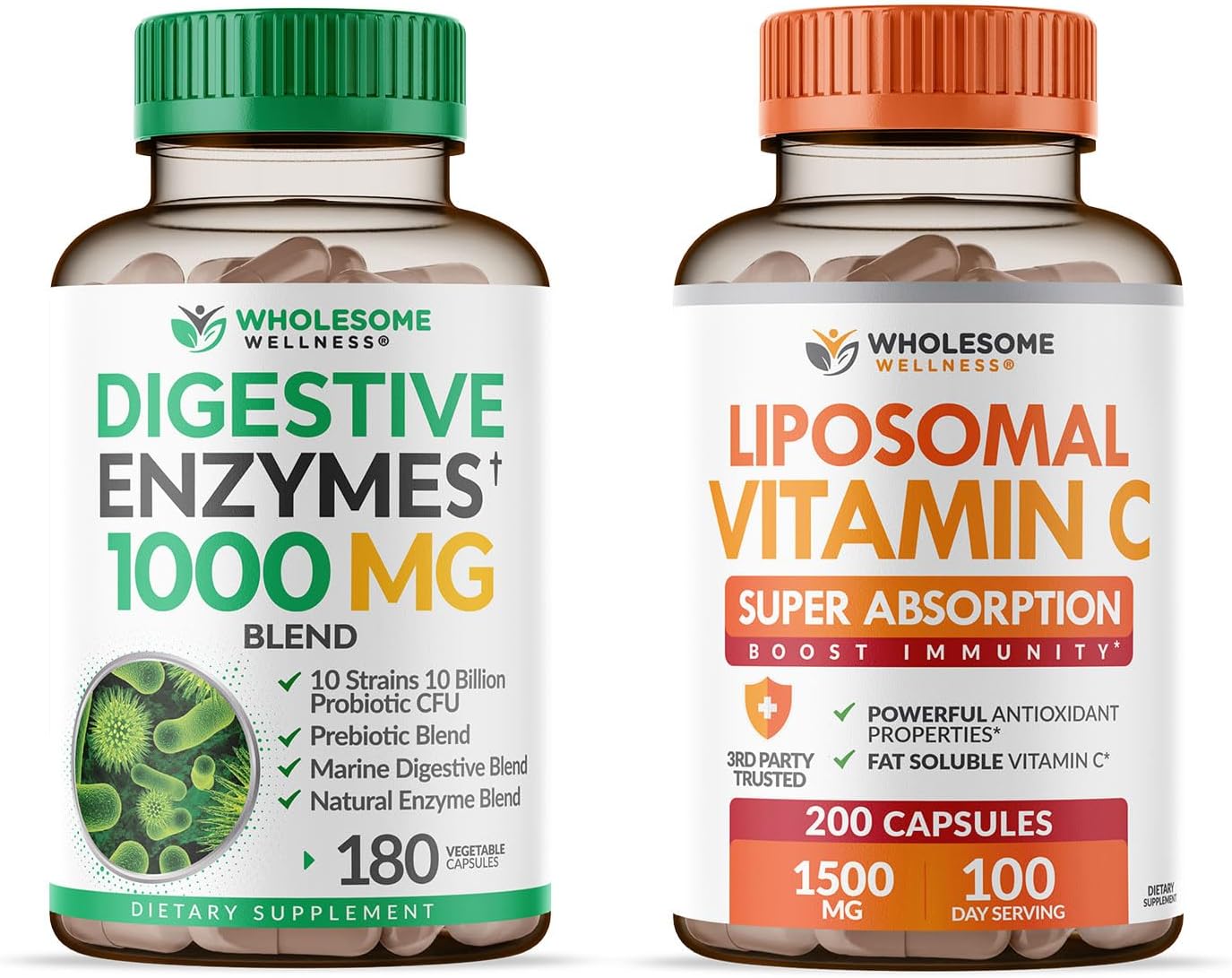 Wholesome Wellness Digestive Enzymes 1000MG Plus Prebiotics & Probiotics + Liposomal Vitamin C Capsules (200 Pills 1500mg Buffered) Bundle Gsupps Australia