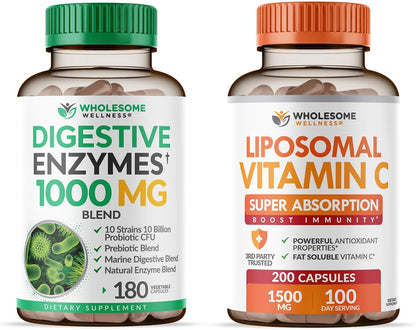 Wholesome Wellness Digestive Enzymes 1000MG Plus Prebiotics & Probiotics + Liposomal Vitamin C Capsules (200 Pills 1500mg Buffered) Bundle Gsupps Australia