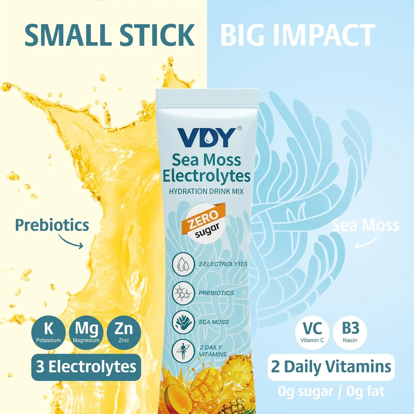 VDY Sea Moss Electrolytes Powder Packets - Hydration Packets Sugar Free - Electrolyte Packets with 30 Sticks - Zero Sugar & 0 Calorie - Keto Friendly VDY