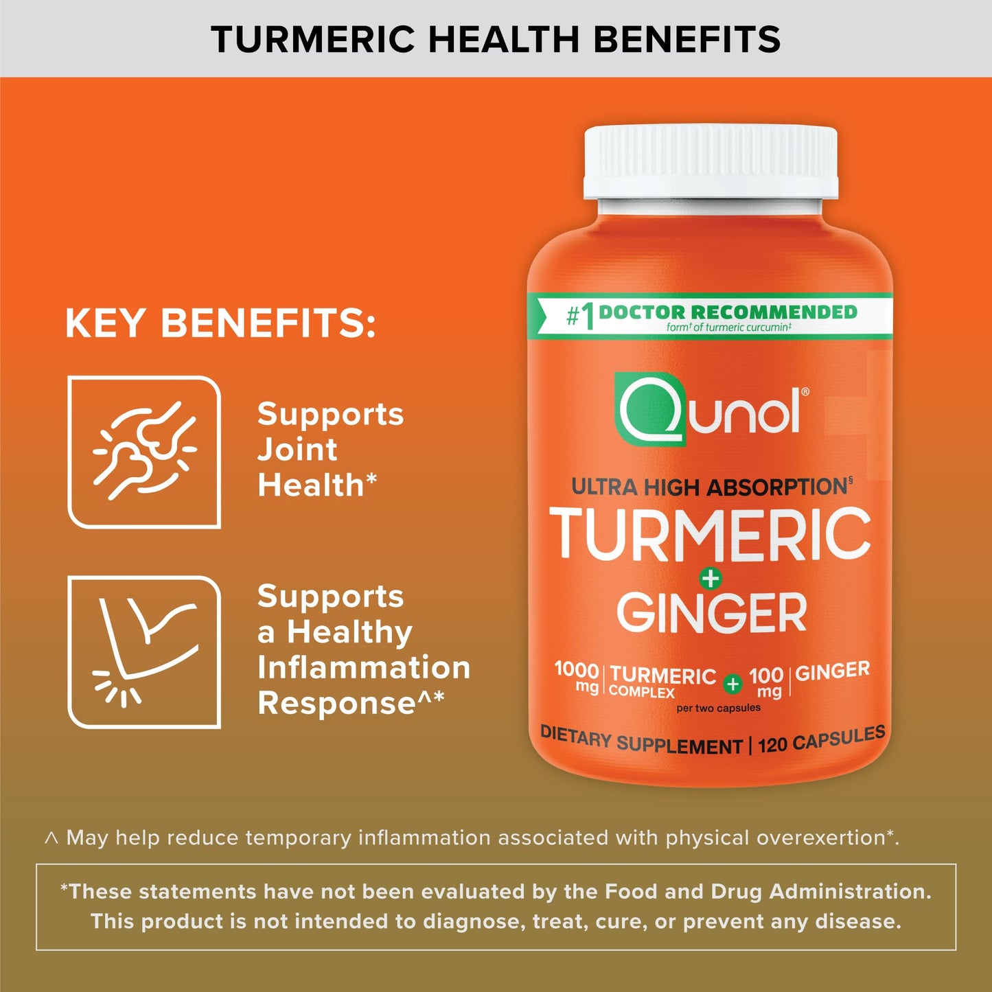 Qunol Turmeric and Ginger Capsules, 1000mg Turmeric Supplement, Ultra High Absorption to Support Joint Health, #1 Doctor Recommended Form Qunol