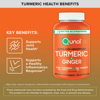Qunol Turmeric and Ginger Capsules, 1000mg Turmeric Supplement, Ultra High Absorption to Support Joint Health, #1 Doctor Recommended Form Qunol