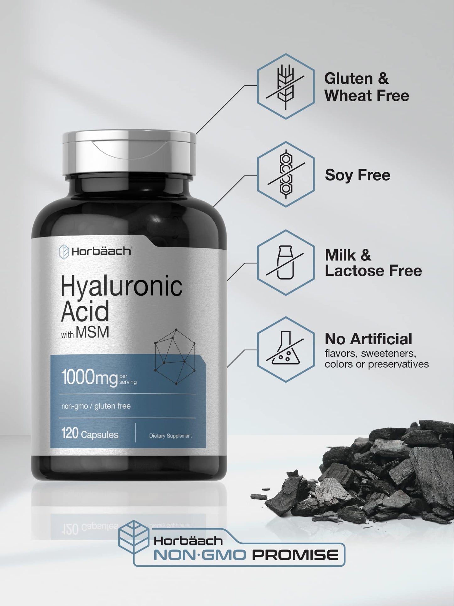 Horbäach Hyaluronic Acid with MSM | 1000 mg | 120 Capsules | Non-GMO and Gluten Free Supplement | Bioavailable Formula Horbäach