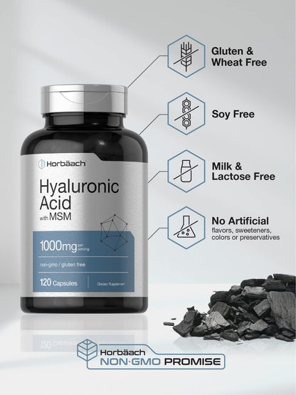 Horbäach Hyaluronic Acid with MSM | 1000 mg | 120 Capsules | Non-GMO and Gluten Free Supplement | Bioavailable Formula Horbäach