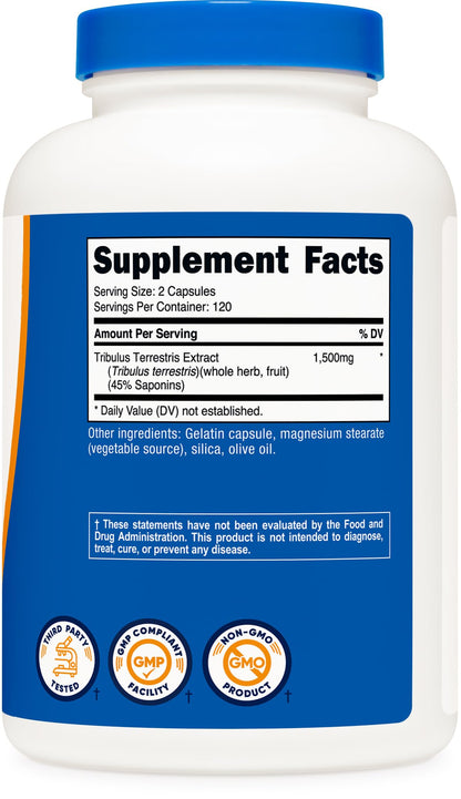 Nutricost Tribulus Terrestris Extract 1500mg, 240 Capsules - 45% Saponins, 120 Servings, Non-GMO, Gluten Free Nutricost