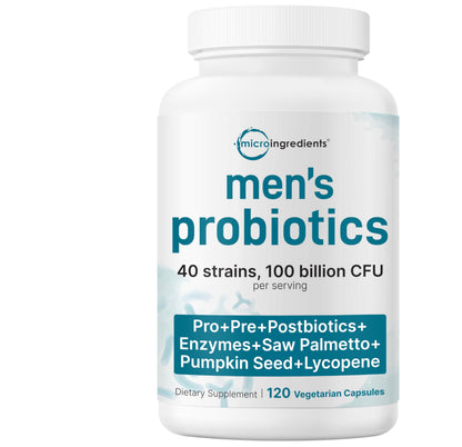 Micro Ingredients Probiotics for Men 100 Billion CFU, 40 Strains, 120 Vegetarian Capsules | Pre, Probiotics, Postbiotics & Enzymes | Pre, Probiotics, Enzymes, Saw Palmetto, Pumpkin Seed & Lycopene Micro Ingredients
