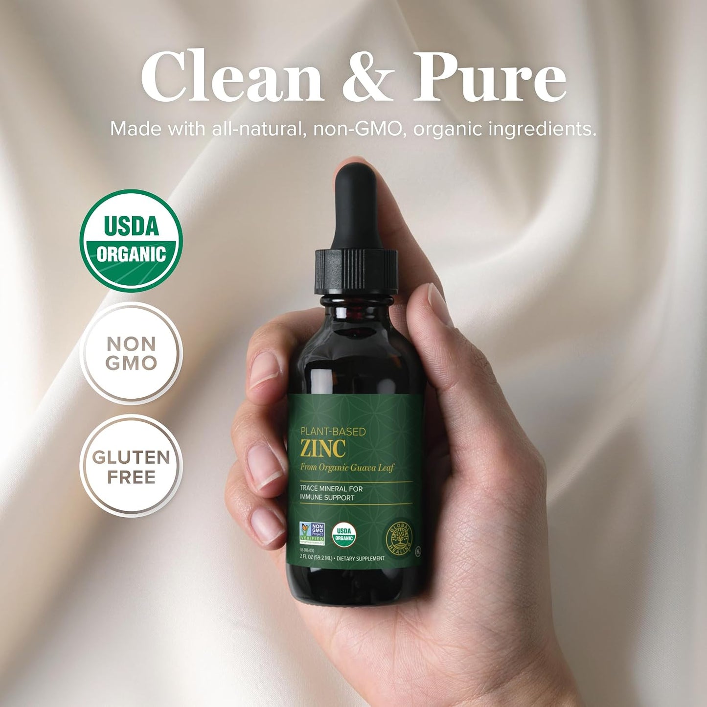 Global Healing USDA Organic Zinc Supplements Liquid - Pure Vitamin Drops for Immune System Boost, Hormone Balance, and Healthy Aging - Natural, Vegan-Friendly, Non-GMO, Organic Zinc Vitamins (2 Fl Oz)